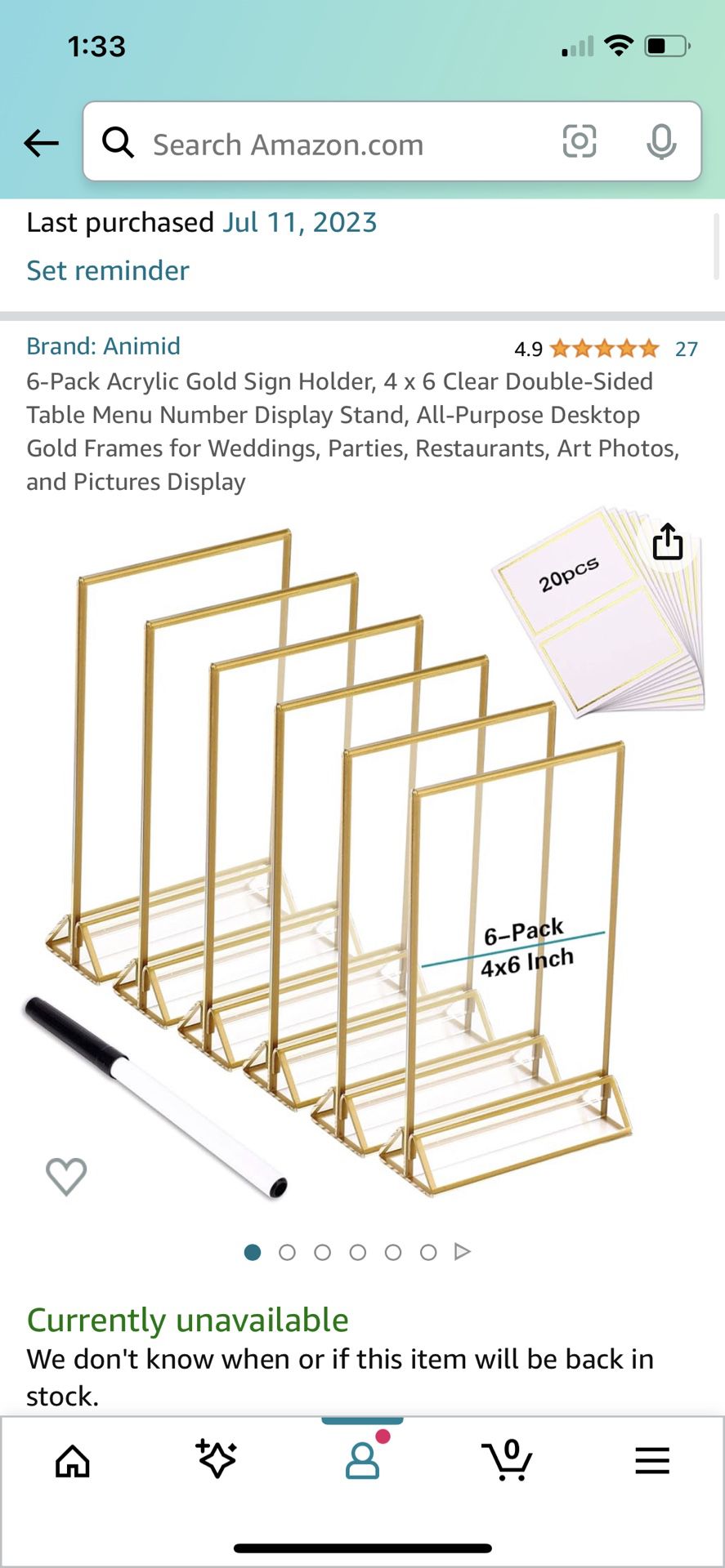 6 Pack Gold frames 4.6” Wedding Event Table Numbers 