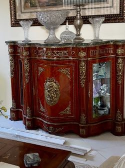 Ornate French style Marquetry credenza with marble top