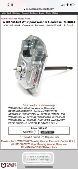 Whirlpool washer gearcase desertion on photo