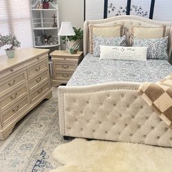 Queen size bedroom set. Includes an excellent 12 inch thick mattress, two nightstands and a dresser all in very good condition