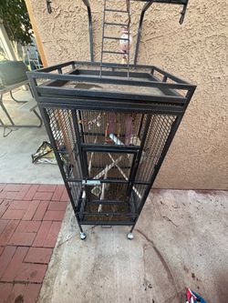 Large Black Metal Bird Cage on Wheels