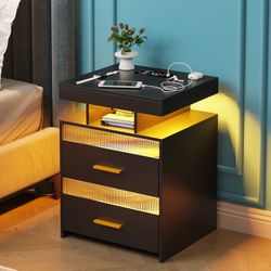 HNEBC LED Nightstand with Wireless Charging Station & USB/Type-C Ports, 3-Color LED Light Strip with Adjustable Brightness & Auto Induction, Smart Bed