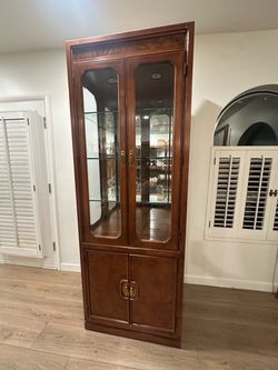 Vintage Thomasville Lighted Burl Wood Display Cabinet