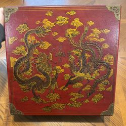 Vintage Chinese Dragon and Phoenix Hand Painted Wood Box Boardgames Set 