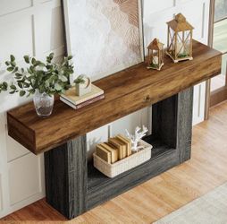 63-Inch Long Console Table, 2-Tier Entryway Table Sofa Table with Storage, Rustic Brown & Gray.