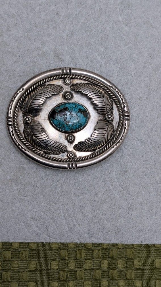 Silver Belt Buckle With Turquoise Navajo Signed By Artist EB
