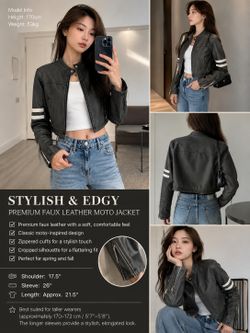 Stylish Black Cropped Faux Leather Moto Jacket – Excellent Condition