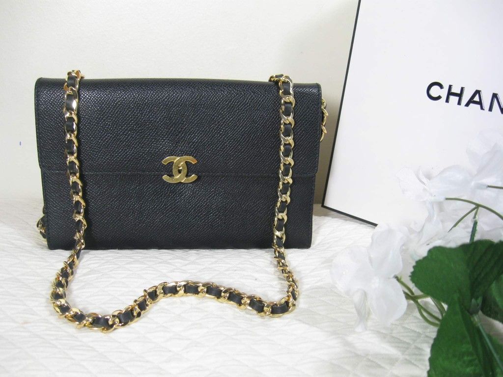 Authentic Chanel Black Saffiano Leather CC Logo Large Flap Bag Wallet