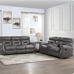 Gray Leather Full Reclining Loveseat And Couch 