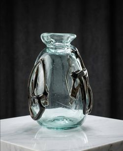 Rare 1969 Yelvington Signed Studio Art Glass Aqua & Dark-Trailed Organic Vase