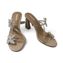 Abound Size 8.5 Butterfly Kimora Clear Strap Beige Sandal With Rhinestones Heels