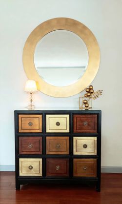 Multicolor 9 drawers wood chest with glass top! Dimensions:W36.5 x H35 x 18 gold leaf color mirror