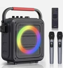 Bluetooth Karaoke Speaker/2 Wireless Microphones 6.5"Subwoofer/Deep Base/Lights