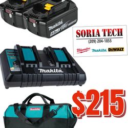 🔥 Makita 18V  Dual  Rapid  Charger   - x2 Batteries 5.0  and Contractor Bag