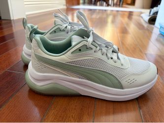 Like New Puma Women's Light Sage Green and White Athletic Sneakers - Size 8.5
