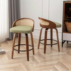 Set of 2 Rattan Green Pu Leather Barstools