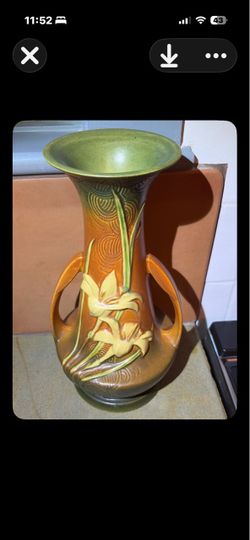 Roseville, **Zephyr Lily** pattern, shape 140-12" — the tall double-handled vase, 1940s, in the brown/rust/green colorway. Realistic market: auction