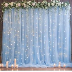 10x10ft Baby Blue Tulle Backdrop Curtain for Parites, Sheer Backdrop Curtains for Wedding Baby Shower Birthday Party Photo Shoot Decorations