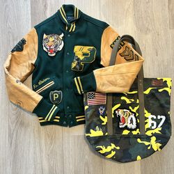 Rare Polo Ralph Lauren Signature Tigers Varsity Bomber Jacket w/ RL Tote