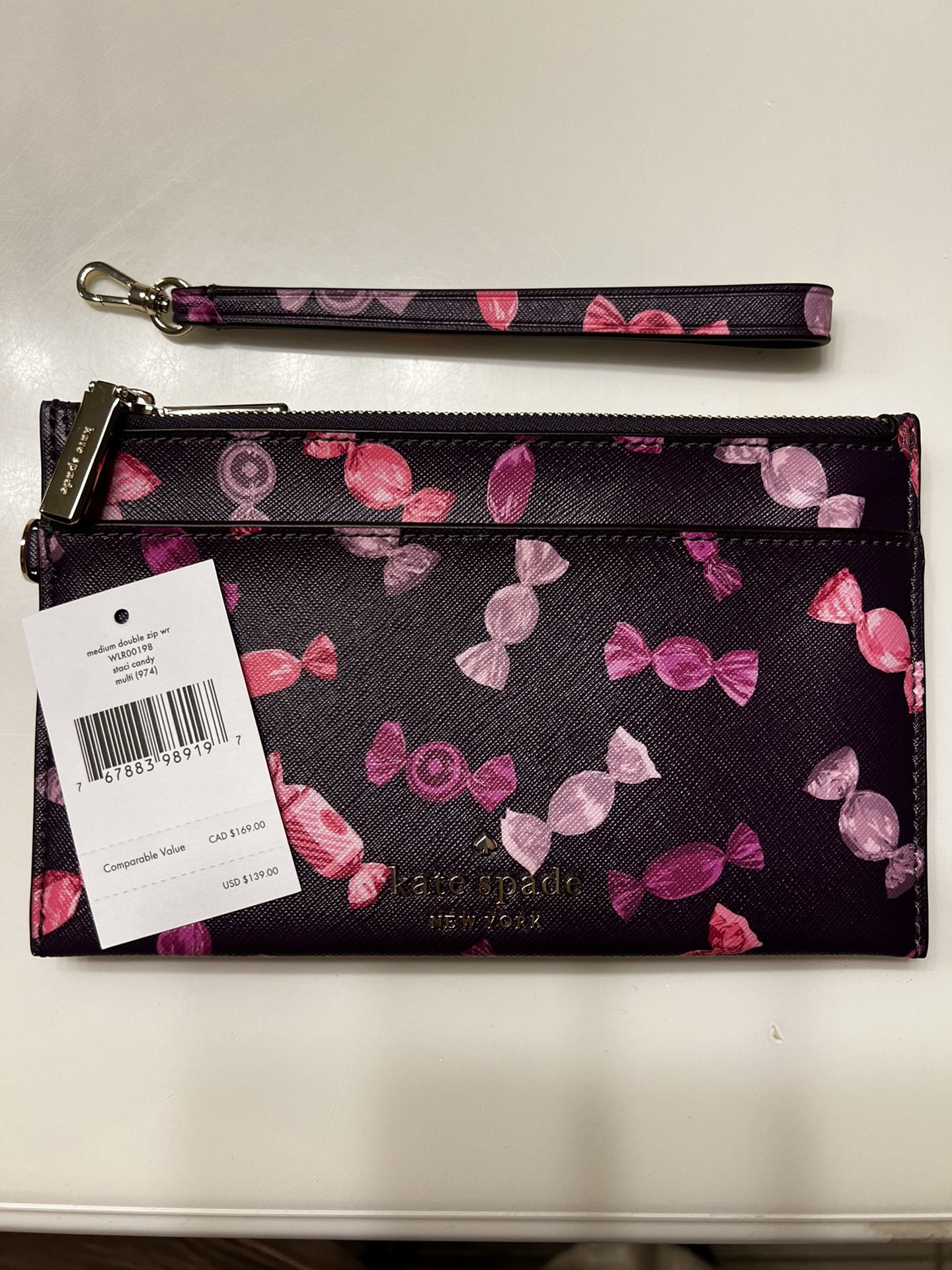 Brand New NWT KATE SPADE Staci Candy Shop Wrapper Medium Wristlet Double Zip Purple/Pick Up Only 77090 Area