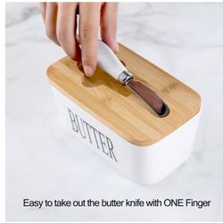  Porcelain Butter Dish with Bamboo Lid - Covered Butter Dish with Butter Knife for Countertop, Airtight Butter Container with Cover Perfect for East W