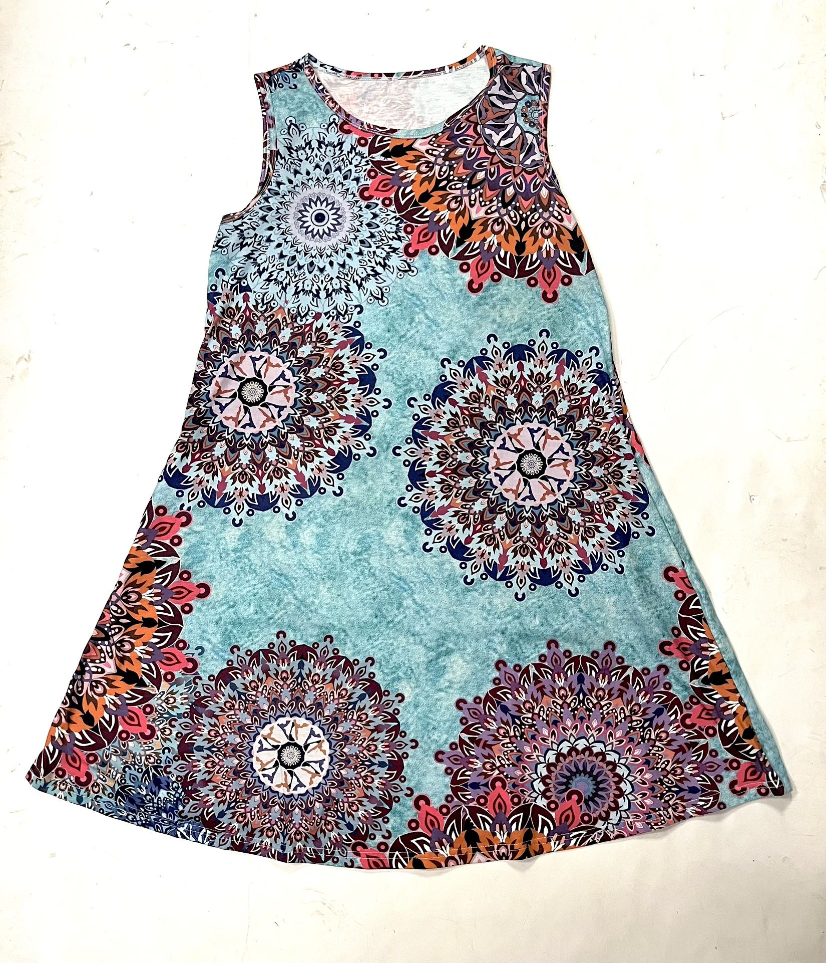 Women’s Blue Mandala Print Scoop Neck Pocketed Sleeveless A Line Sundress