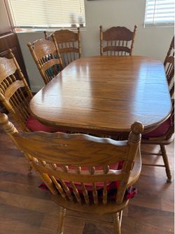 5 ft table  or 8 ft with add leafs  8 chairs