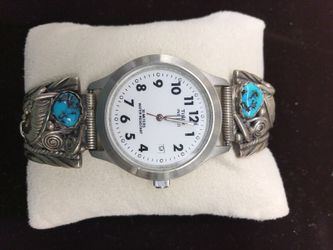 Men’s silver and turquoise watch band with bear claws