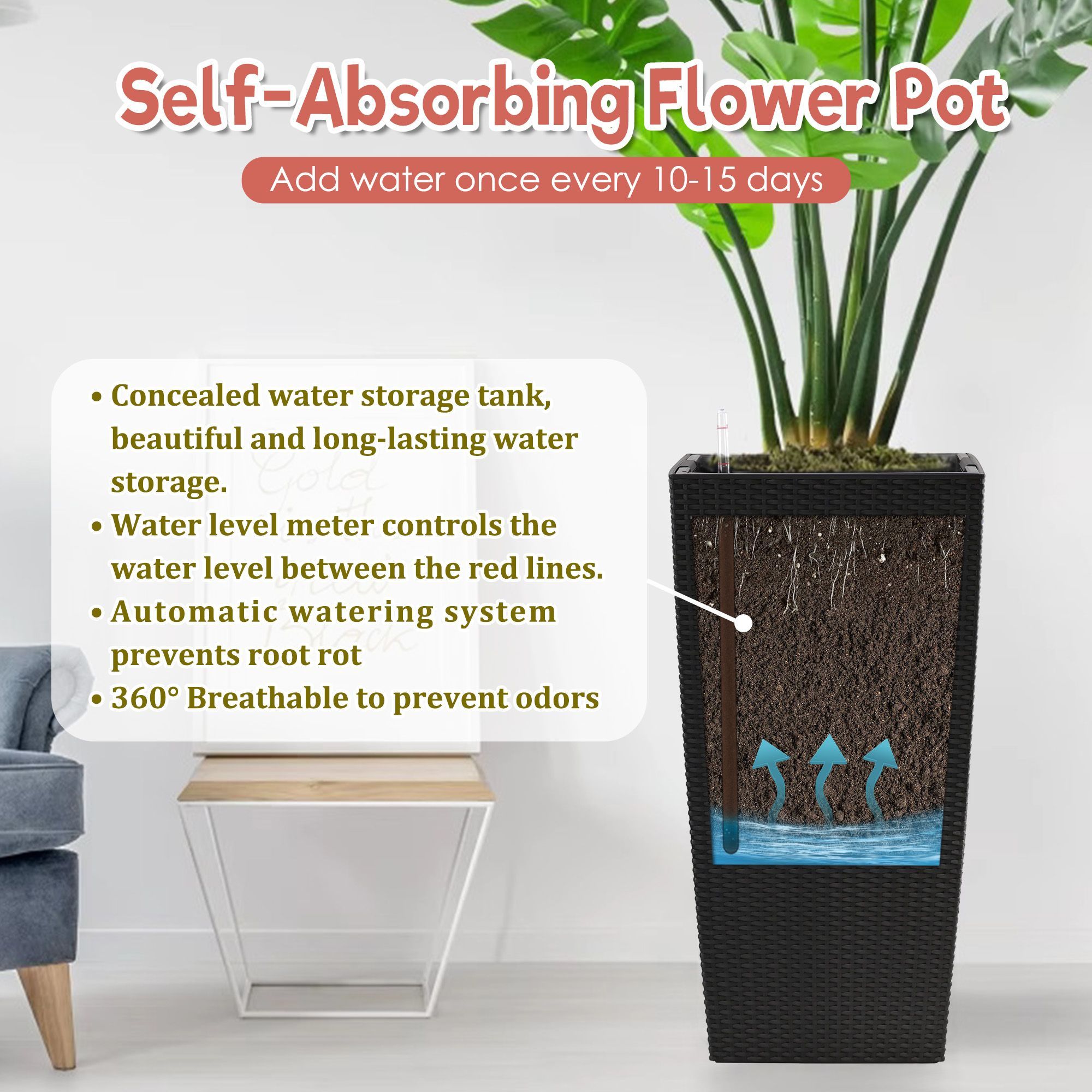 30 in Tall Large Flower Pots Planter with Self-Watering Drainage Holes&Inner Trays Indoor Outdoor Plant Pot with Drain Holes, Water Level Monitor,Inne
