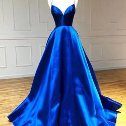 Navy Blue Satin A Line V Neck Long Prom Dress