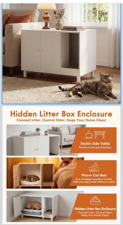 Cat Litter Box Enclosure with Scratching Mat | Multi-Functional Cat Washroom Furniture, White$40