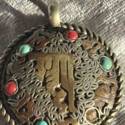 Chinese Turquoise And Red Coral And Sterling. Solvent Pendant 