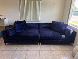 Navy Blue Velvet Sectional Sofa with Pillows