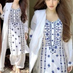 3pc (dress, Head Scarf, Pants) White And Blue Punjabi Dress 
