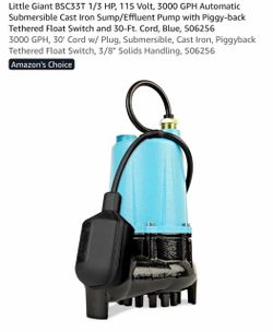 Little Giant BSC33T 1/3 HP, 115 Volt, 3000 GPH Automatic Submersible Cast Iron Sump/Effluent Pump with Piggy-back Tethered Float Switch and 30-Ft. Cor