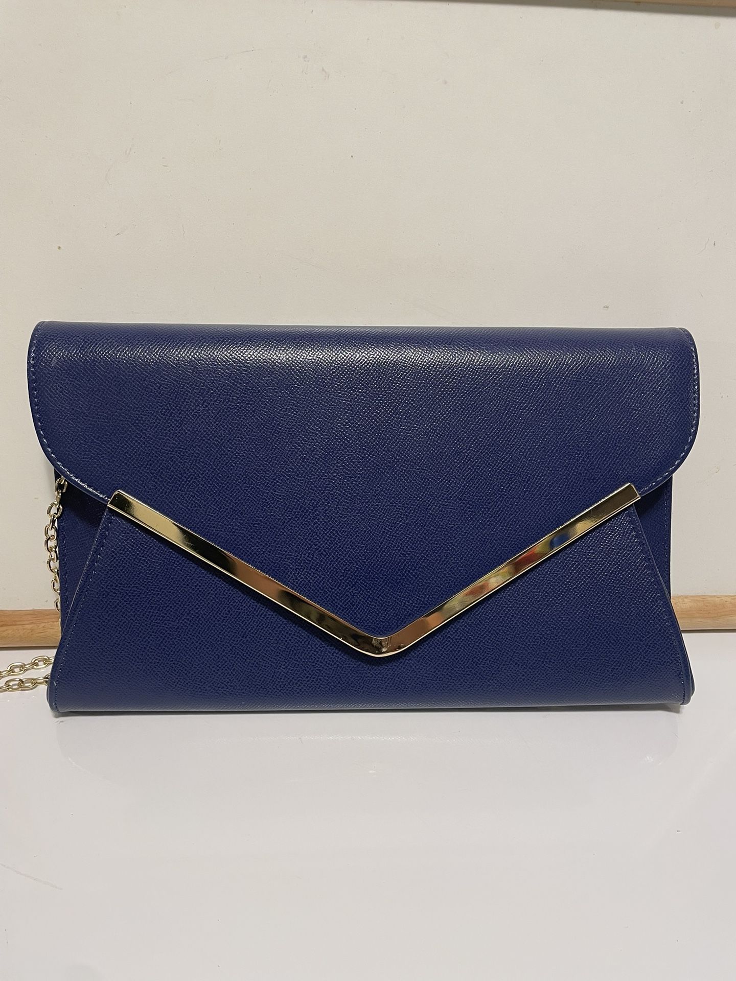 Neiman Marcus Blue Leather envelope clutch bag with gold chain