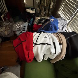 All Nike techs are a medium and they all going for 50, and the get motion for 30 and the grey jacket inna top left corner going for 65 and spider 100