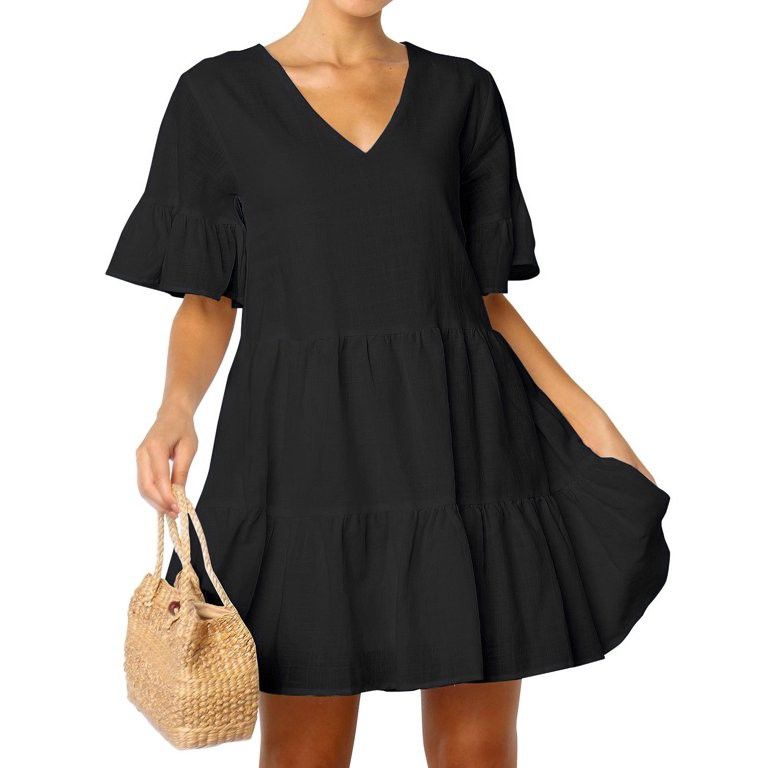 FANCYINN Womens Black Shift Dress with Pockets Fully Lined Bell Sleeve Ruffle Hem V Neck Spring Swing Tunic Mini Dress XL
New with tag
Will recommend