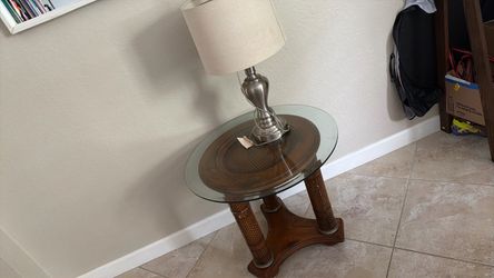 Round Glass Top End Table with Wood