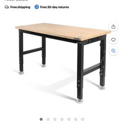 48" Adjustable Workbench, Rubber Wood Top Heavy-Duty Workstation, 2000 LBS Load Capacity Hardwood Worktable with Power Outlets