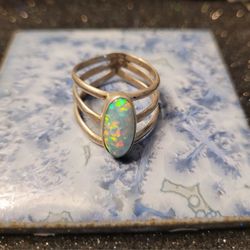 Vintage Sterling Triple Art Deco Band Opal ring Sz 10