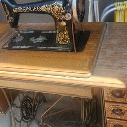 Old Antique Singer Sewing Machine And Table 