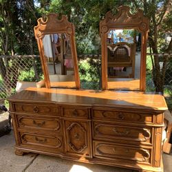 Thomasville MCM French  Provencial  Dresser And King Sized Headboard- Cane Detail