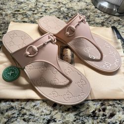 Beige Gucci Logo Embedded Flip Flops