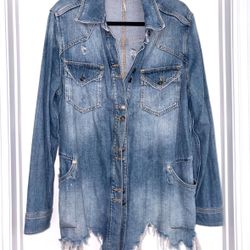Free People Oversized Distressed Denim Shirt Jacket- Size Medium