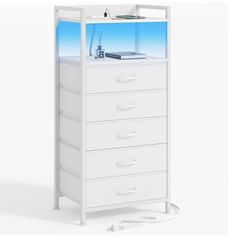 White Nightstand with 5 Storage Drawer, Tall Dresser for Bedroom with Led Light and USB Charging Station,