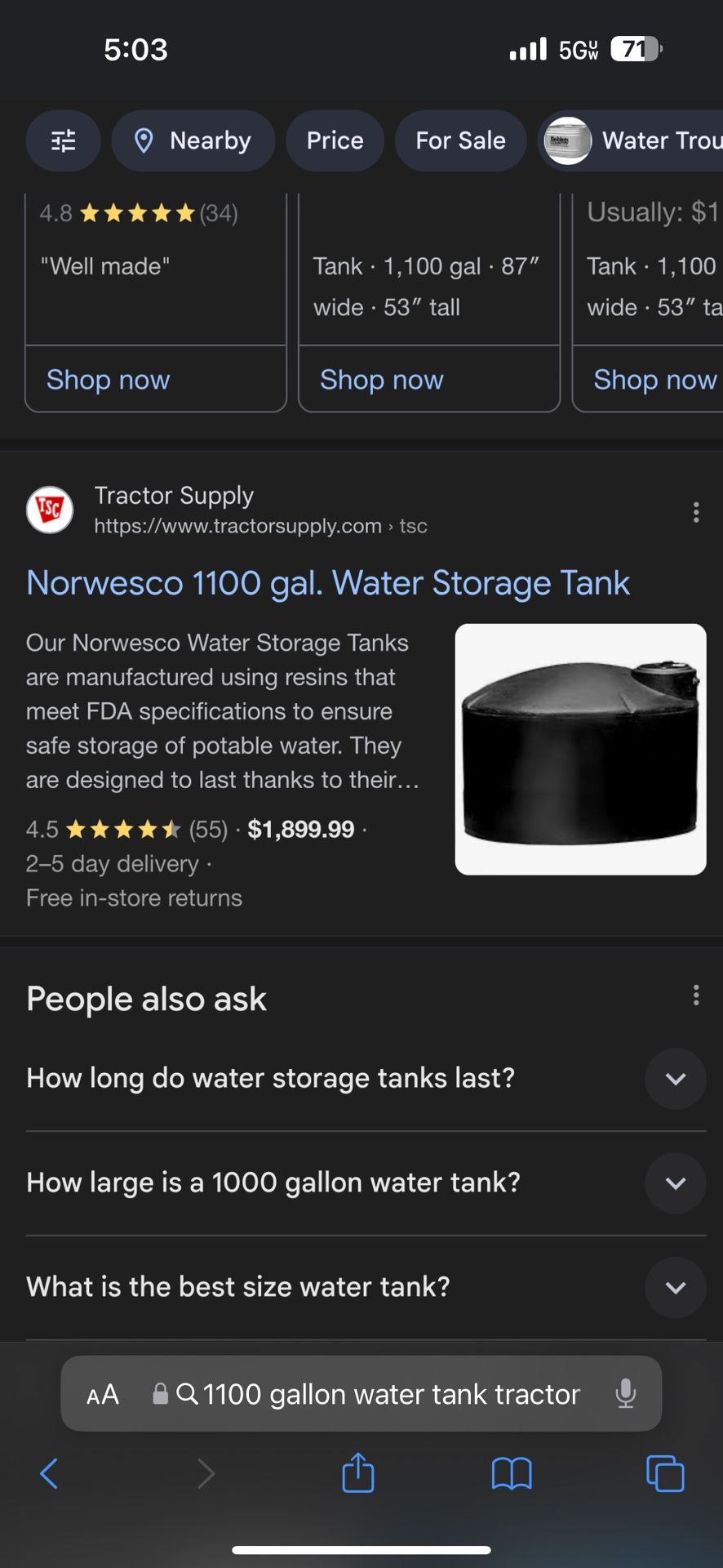 1100 Gallon Water Tank