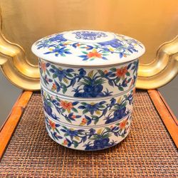 Vintage 5.5” H Japanese Takahashi Porcelain 3-Tier Stacking Box Set