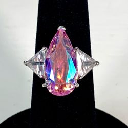 925 Sterling Silver Ring Purple AB Pear Stone Clear Trillion CZ Size 6 - 5.88g