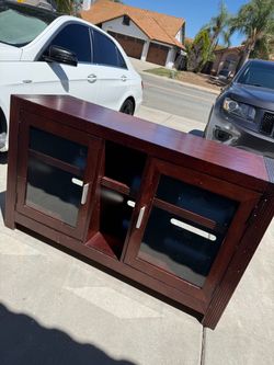 Dark Cherry Wood TV Stand with Glass Doors